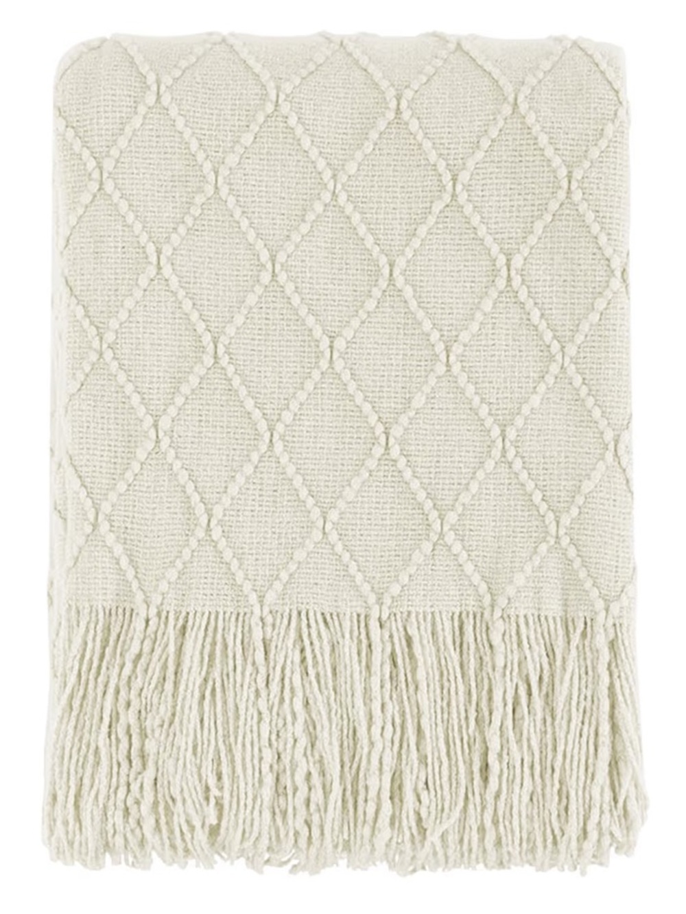 Cream Soft Diamond-Pattern Fringe Knot Throw Blanket 50 x 60 Inches